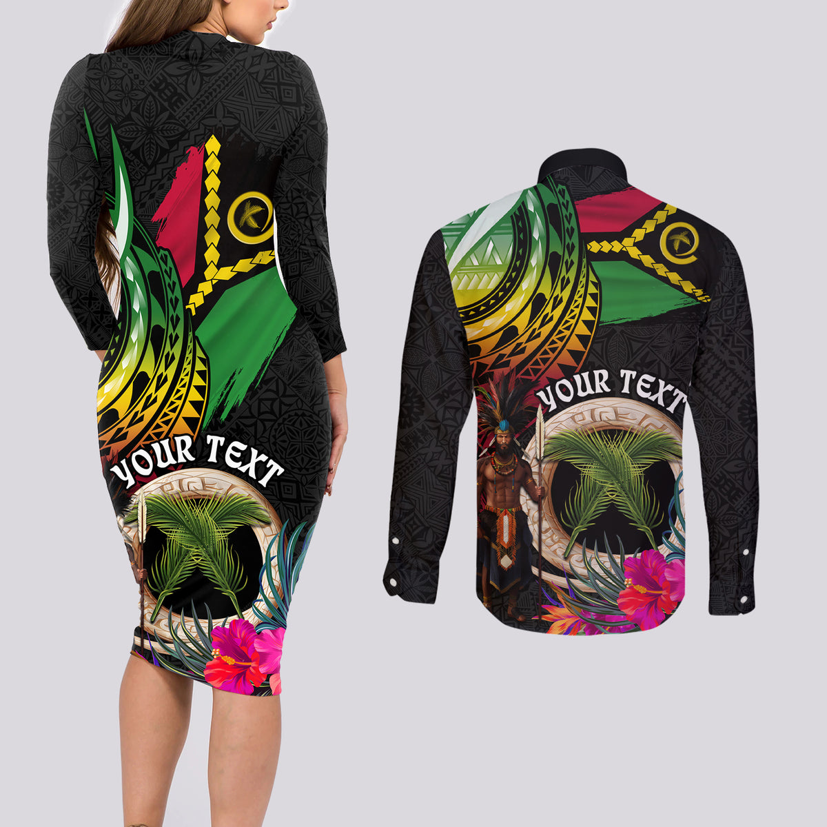 Personalised Vanuatu 44th Anniversary Couples Matching Long Sleeve Bodycon Dress and Long Sleeve Button Shirt Boars Tusk and Melanesian Warrior Indipendens Dei