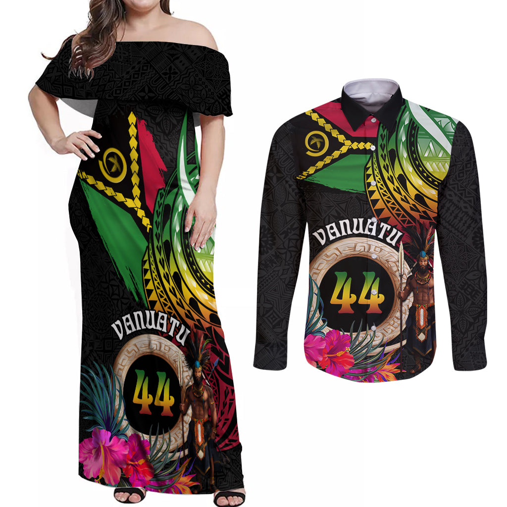 Personalised Vanuatu 44th Anniversary Couples Matching Off Shoulder Maxi Dress and Long Sleeve Button Shirt Boars Tusk and Melanesian Warrior Indipendens Dei