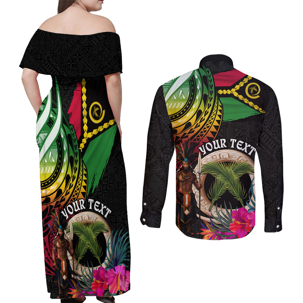 Personalised Vanuatu 44th Anniversary Couples Matching Off Shoulder Maxi Dress and Long Sleeve Button Shirt Boars Tusk and Melanesian Warrior Indipendens Dei