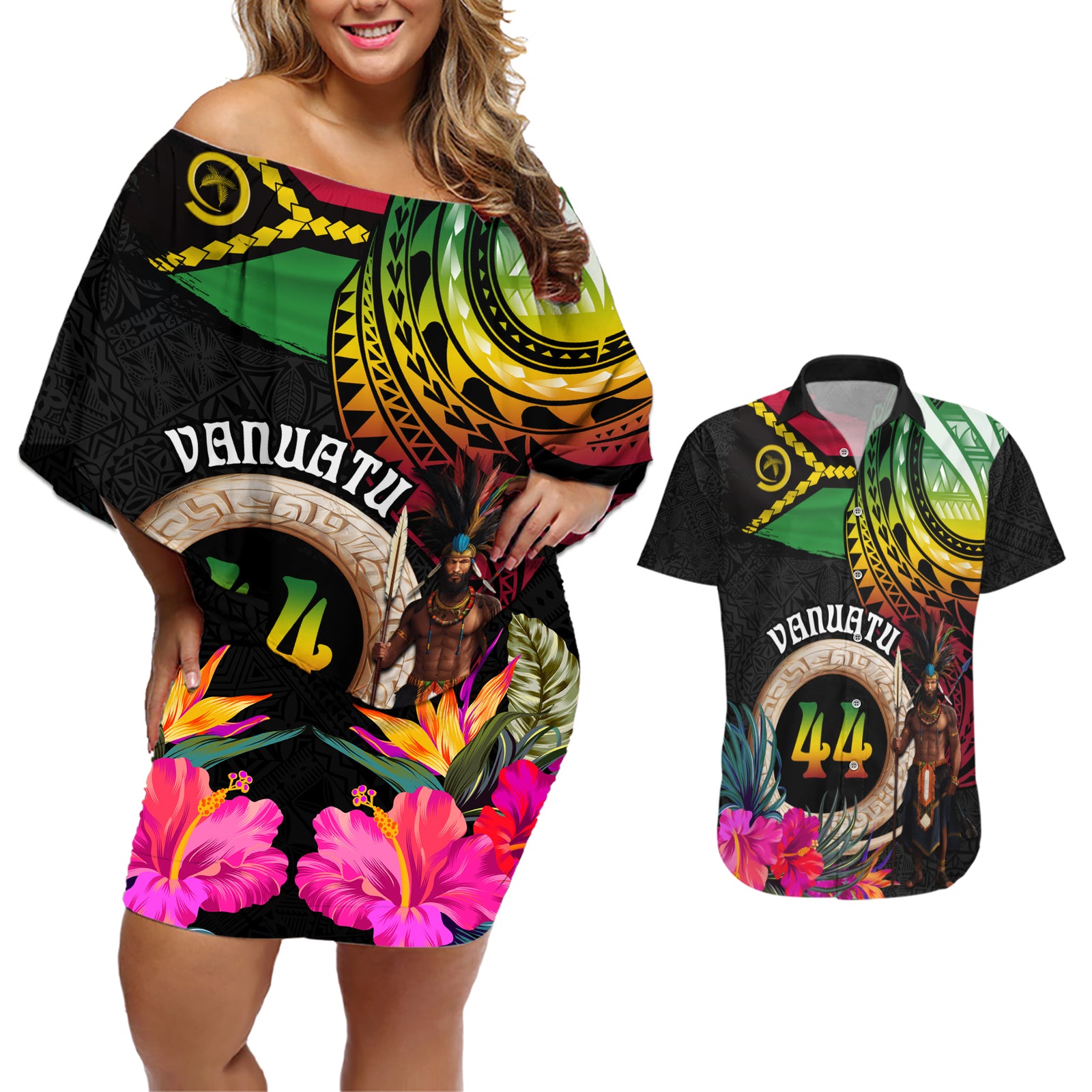 Personalised Vanuatu 44th Anniversary Couples Matching Off Shoulder Short Dress and Hawaiian Shirt Boars Tusk and Melanesian Warrior Indipendens Dei