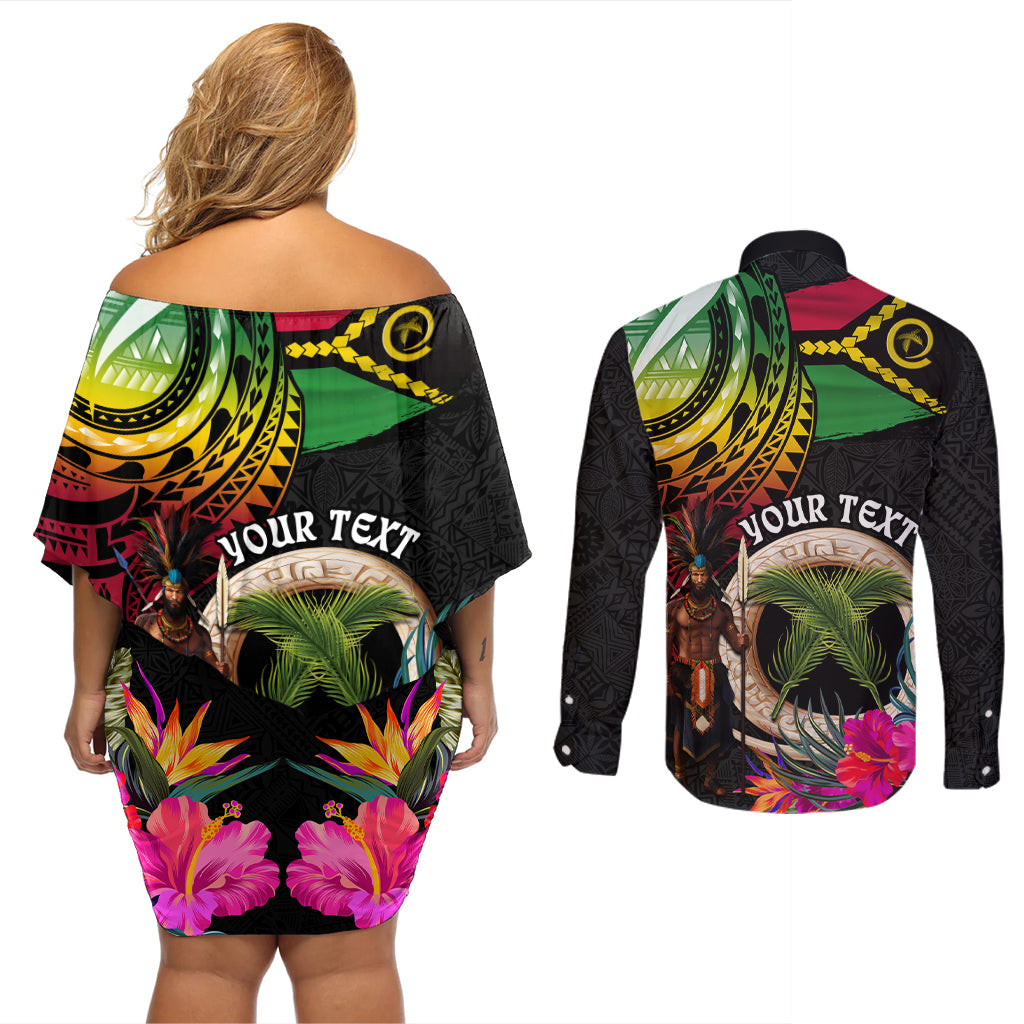 Personalised Vanuatu 44th Anniversary Couples Matching Off Shoulder Short Dress and Long Sleeve Button Shirt Boars Tusk and Melanesian Warrior Indipendens Dei
