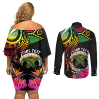 Personalised Vanuatu 44th Anniversary Couples Matching Off Shoulder Short Dress and Long Sleeve Button Shirt Boars Tusk and Melanesian Warrior Indipendens Dei