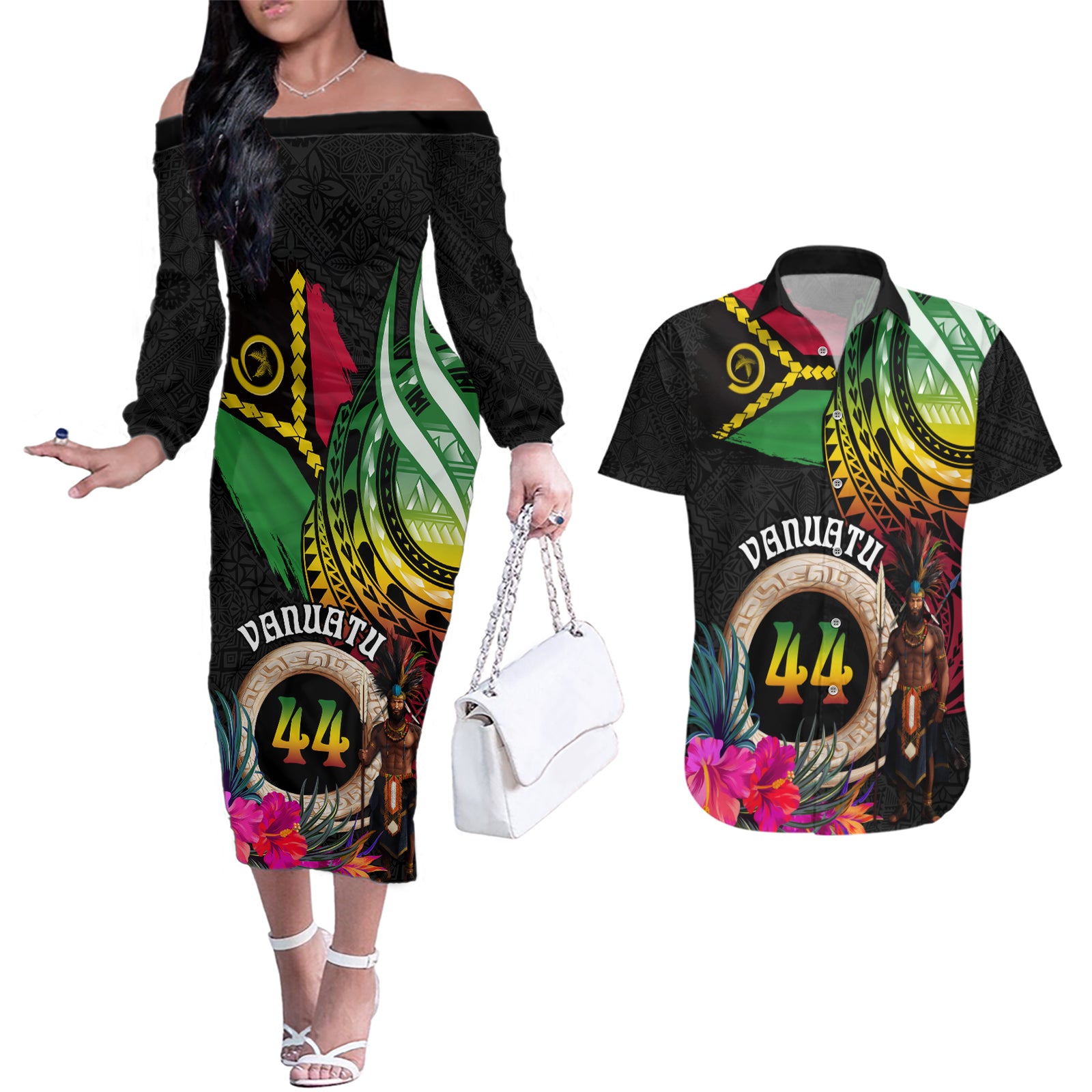 Personalised Vanuatu 44th Anniversary Couples Matching Off The Shoulder Long Sleeve Dress and Hawaiian Shirt Boars Tusk and Melanesian Warrior Indipendens Dei