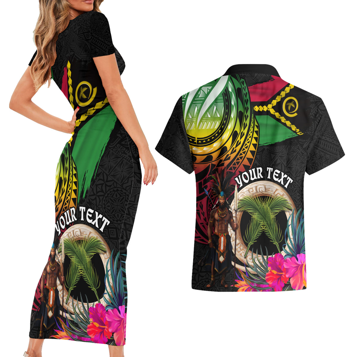 Personalised Vanuatu 44th Anniversary Couples Matching Short Sleeve Bodycon Dress and Hawaiian Shirt Boars Tusk and Melanesian Warrior Indipendens Dei LT03 - Polynesian Pride