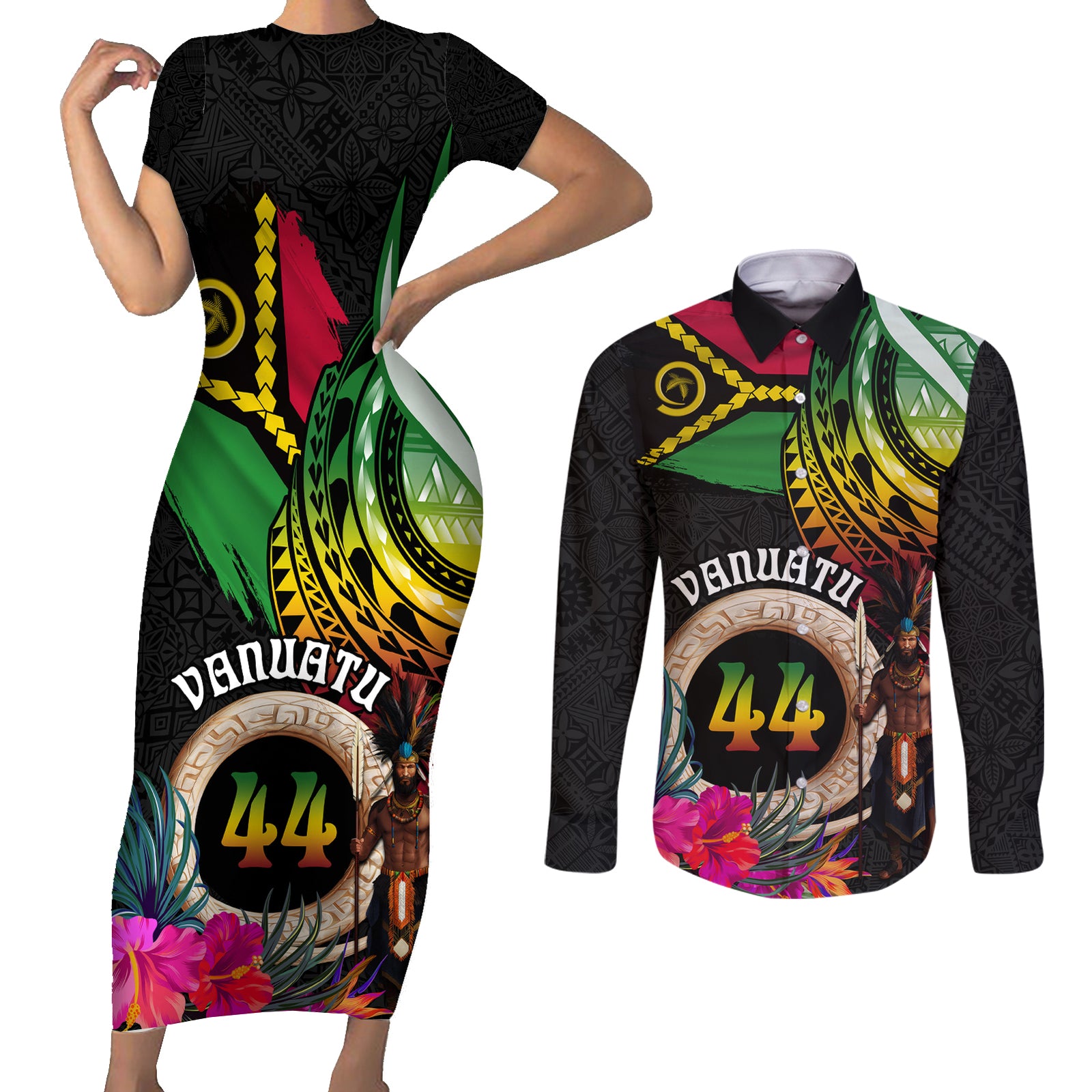 Personalised Vanuatu 44th Anniversary Couples Matching Short Sleeve Bodycon Dress and Long Sleeve Button Shirt Boars Tusk and Melanesian Warrior Indipendens Dei