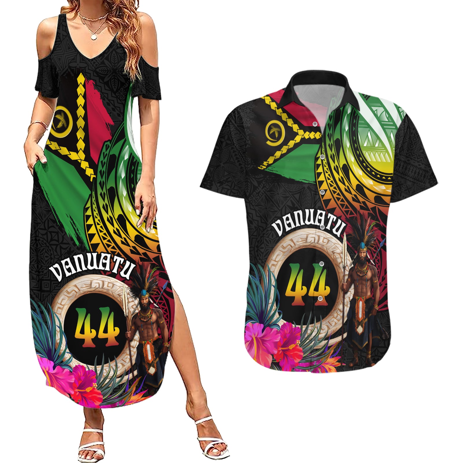 Personalised Vanuatu 44th Anniversary Couples Matching Summer Maxi Dress and Hawaiian Shirt Boars Tusk and Melanesian Warrior Indipendens Dei