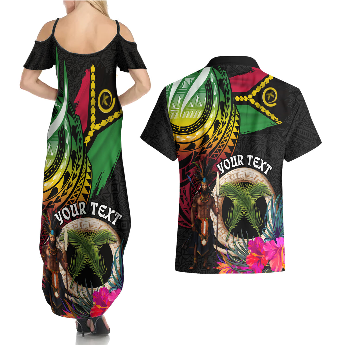 Personalised Vanuatu 44th Anniversary Couples Matching Summer Maxi Dress and Hawaiian Shirt Boars Tusk and Melanesian Warrior Indipendens Dei