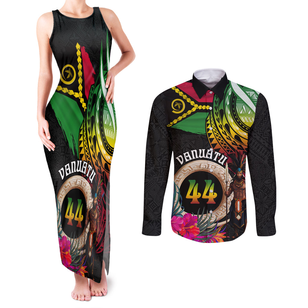 Personalised Vanuatu 44th Anniversary Couples Matching Tank Maxi Dress and Long Sleeve Button Shirt Boars Tusk and Melanesian Warrior Indipendens Dei