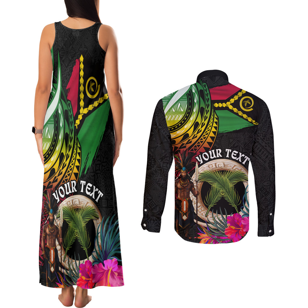 Personalised Vanuatu 44th Anniversary Couples Matching Tank Maxi Dress and Long Sleeve Button Shirt Boars Tusk and Melanesian Warrior Indipendens Dei