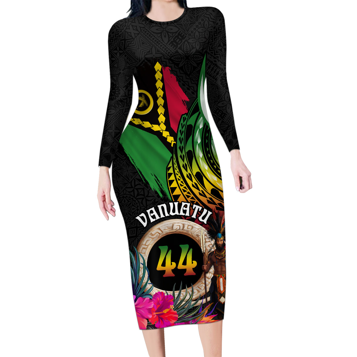 Personalised Vanuatu 44th Anniversary Family Matching Long Sleeve Bodycon Dress and Hawaiian Shirt Boars Tusk and Melanesian Warrior Indipendens Dei LT03 Mom's Dress Black - Polynesian Pride