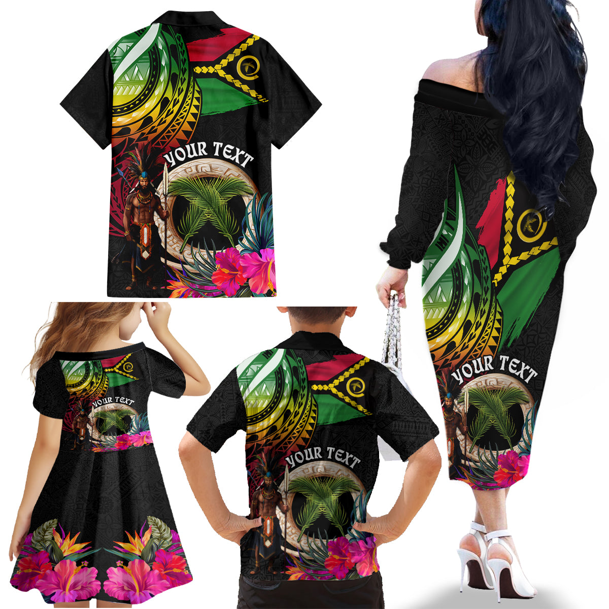 Personalised Vanuatu 44th Anniversary Family Matching Off The Shoulder Long Sleeve Dress and Hawaiian Shirt Boars Tusk and Melanesian Warrior Indipendens Dei LT03 - Polynesian Pride