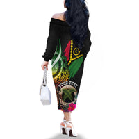 Personalised Vanuatu 44th Anniversary Family Matching Off The Shoulder Long Sleeve Dress and Hawaiian Shirt Boars Tusk and Melanesian Warrior Indipendens Dei LT03 - Polynesian Pride