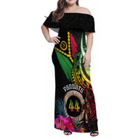 Personalised Vanuatu 44th Anniversary Family Matching Off Shoulder Maxi Dress and Hawaiian Shirt Boars Tusk and Melanesian Warrior Indipendens Dei