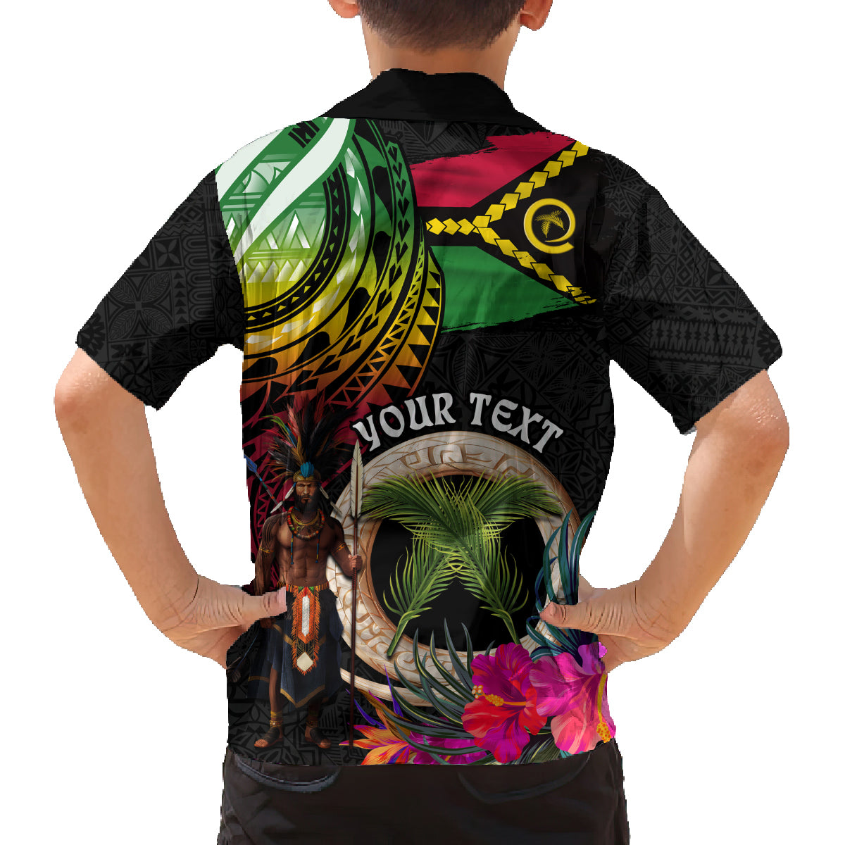 Personalised Vanuatu 44th Anniversary Family Matching Off Shoulder Short Dress and Hawaiian Shirt Boars Tusk and Melanesian Warrior Indipendens Dei LT03 - Polynesian Pride