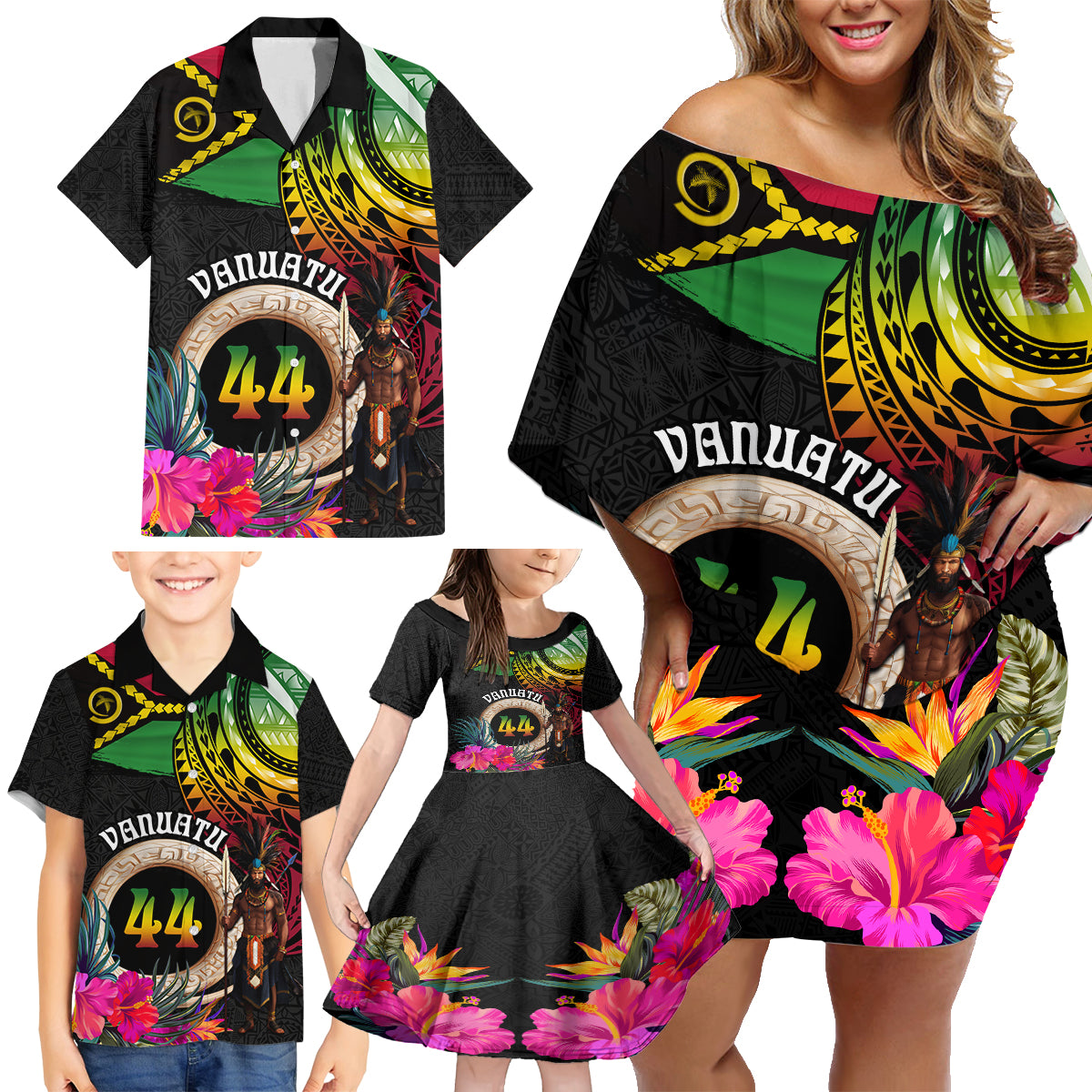 Personalised Vanuatu 44th Anniversary Family Matching Off Shoulder Short Dress and Hawaiian Shirt Boars Tusk and Melanesian Warrior Indipendens Dei LT03 - Polynesian Pride