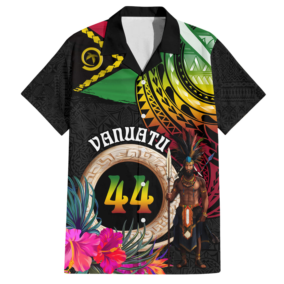Personalised Vanuatu 44th Anniversary Family Matching Puletasi and Hawaiian Shirt Boars Tusk and Melanesian Warrior Indipendens Dei LT03 Dad's Shirt - Short Sleeve Black - Polynesian Pride