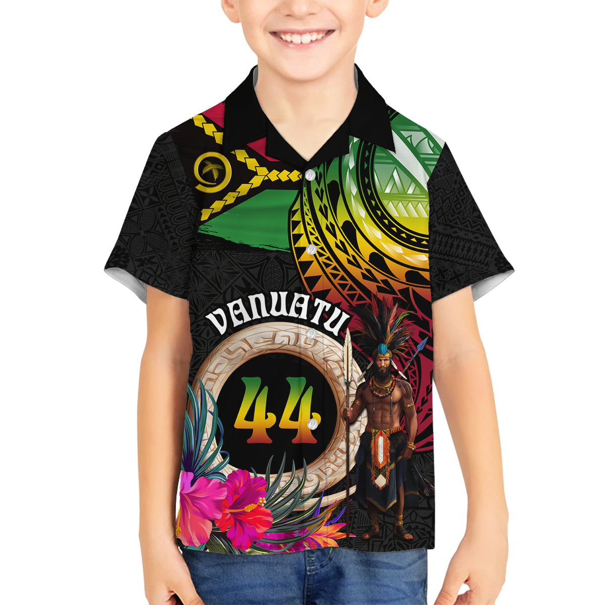 Personalised Vanuatu 44th Anniversary Family Matching Summer Maxi Dress and Hawaiian Shirt Boars Tusk and Melanesian Warrior Indipendens Dei