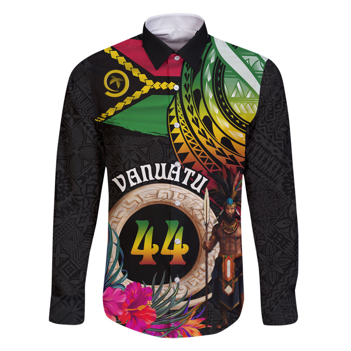 Personalised Vanuatu 44th Anniversary Family Matching Tank Maxi Dress and Hawaiian Shirt Boars Tusk and Melanesian Warrior Indipendens Dei LT03 Dad's Shirt - Long Sleeve Black - Polynesian Pride