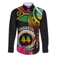Personalised Vanuatu 44th Anniversary Family Matching Tank Maxi Dress and Hawaiian Shirt Boars Tusk and Melanesian Warrior Indipendens Dei LT03 Dad's Shirt - Long Sleeve Black - Polynesian Pride
