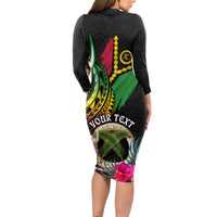Personalised Vanuatu 44th Anniversary Long Sleeve Bodycon Dress Boars Tusk and Melanesian Warrior Indipendens Dei