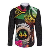Personalised Vanuatu 44th Anniversary Long Sleeve Button Shirt Boars Tusk and Melanesian Warrior Indipendens Dei
