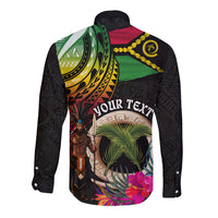 Personalised Vanuatu 44th Anniversary Long Sleeve Button Shirt Boars Tusk and Melanesian Warrior Indipendens Dei