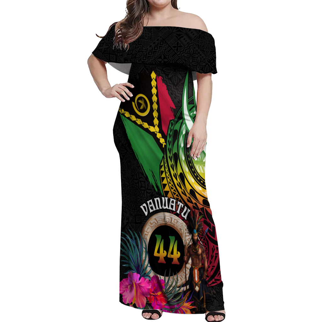 Personalised Vanuatu 44th Anniversary Off Shoulder Maxi Dress Boars Tusk and Melanesian Warrior Indipendens Dei