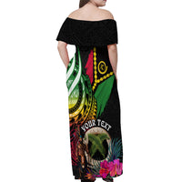Personalised Vanuatu 44th Anniversary Off Shoulder Maxi Dress Boars Tusk and Melanesian Warrior Indipendens Dei