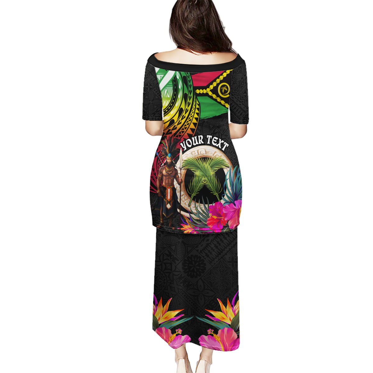 Personalised Vanuatu 44th Anniversary Puletasi Boars Tusk and Melanesian Warrior Indipendens Dei