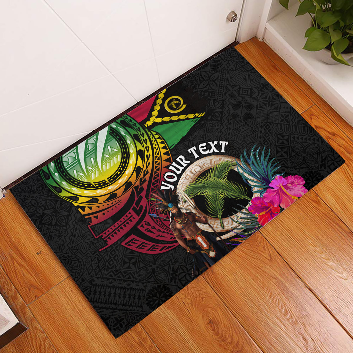 Personalised Vanuatu 44th Anniversary Rubber Doormat Boars Tusk and Melanesian Warrior Indipendens Dei