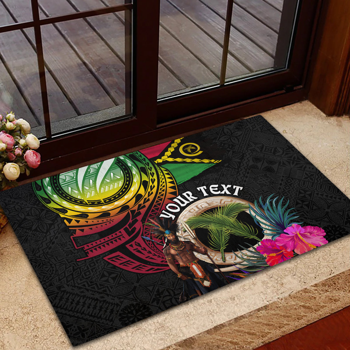 Personalised Vanuatu 44th Anniversary Rubber Doormat Boars Tusk and Melanesian Warrior Indipendens Dei