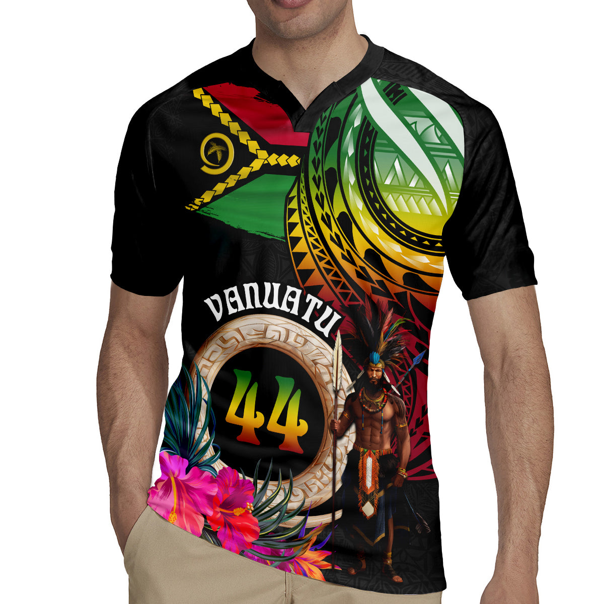 Personalised Vanuatu 44th Anniversary Rugby Jersey Boars Tusk and Melanesian Warrior Indipendens Dei
