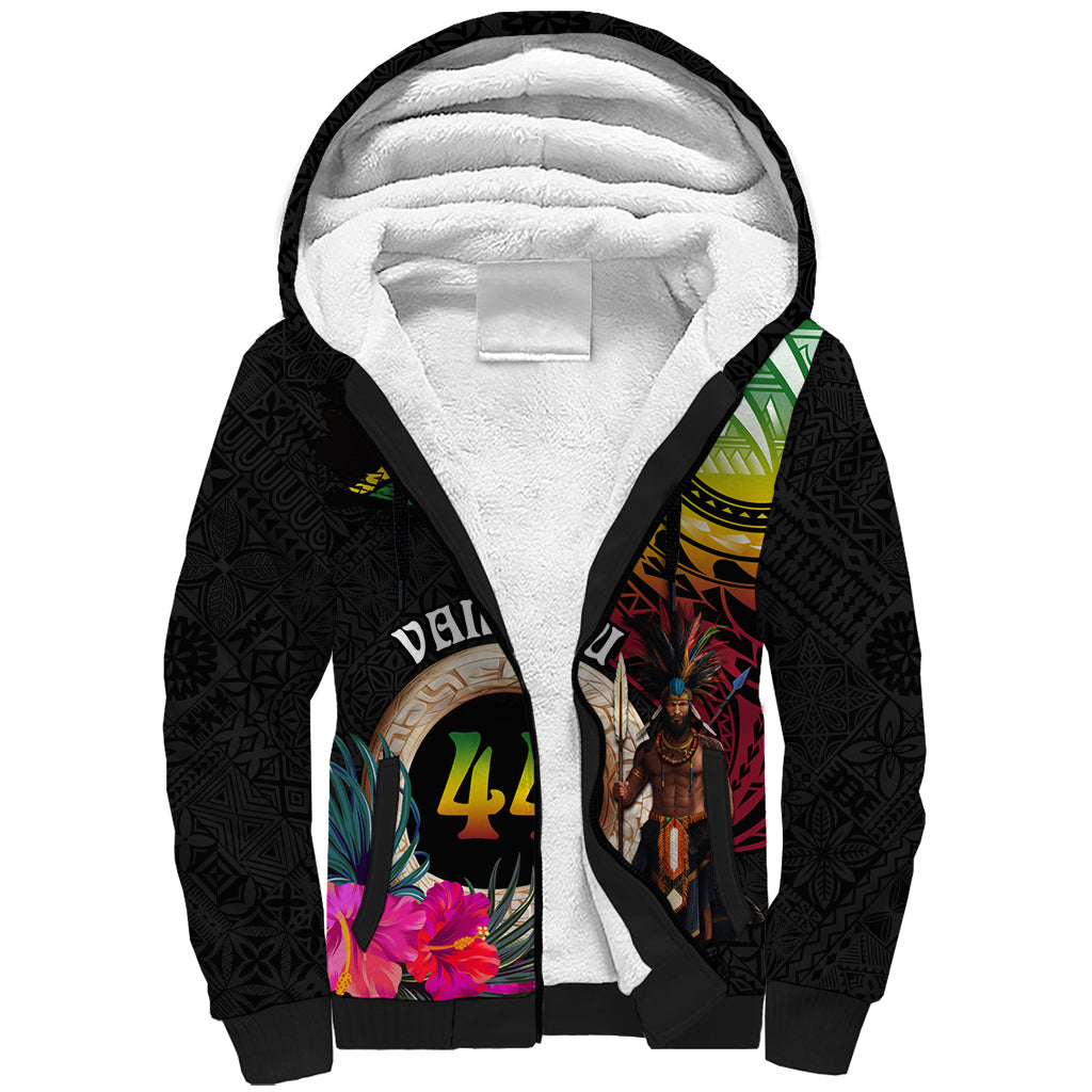 Personalised Vanuatu 44th Anniversary Sherpa Hoodie Boars Tusk and Melanesian Warrior Indipendens Dei