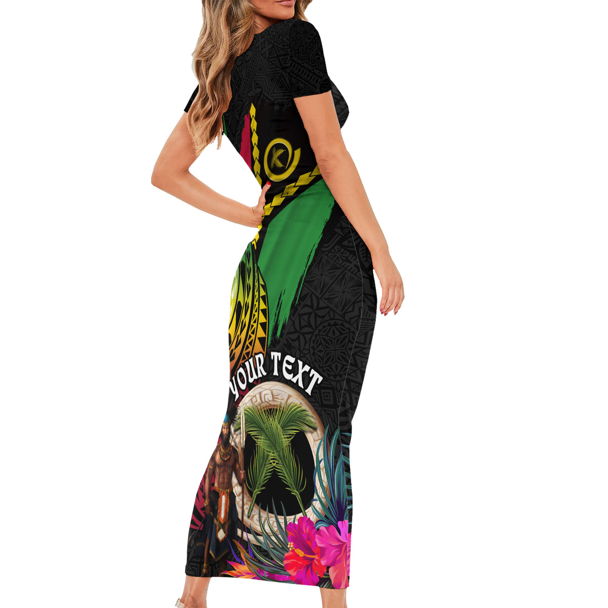 Personalised Vanuatu 44th Anniversary Short Sleeve Bodycon Dress Boars Tusk and Melanesian Warrior Indipendens Dei