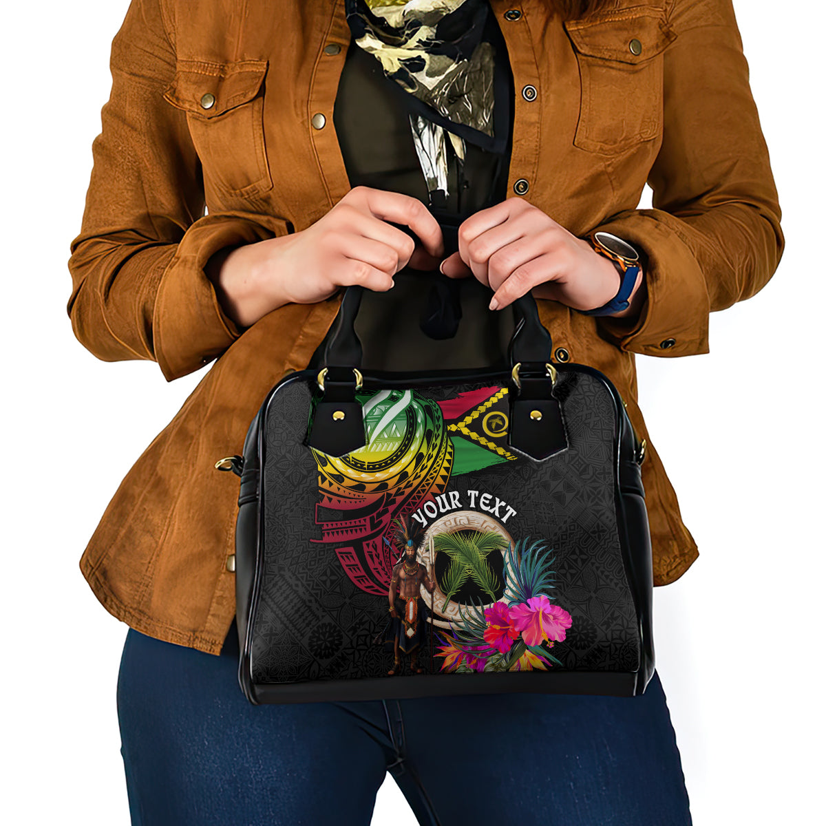 Personalised Vanuatu 44th Anniversary Shoulder Handbag Boars Tusk and Melanesian Warrior Indipendens Dei