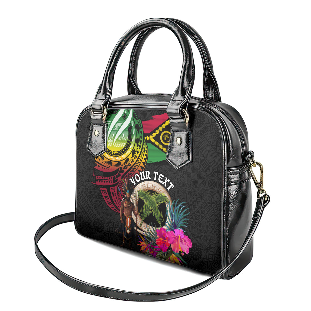 Personalised Vanuatu 44th Anniversary Shoulder Handbag Boars Tusk and Melanesian Warrior Indipendens Dei
