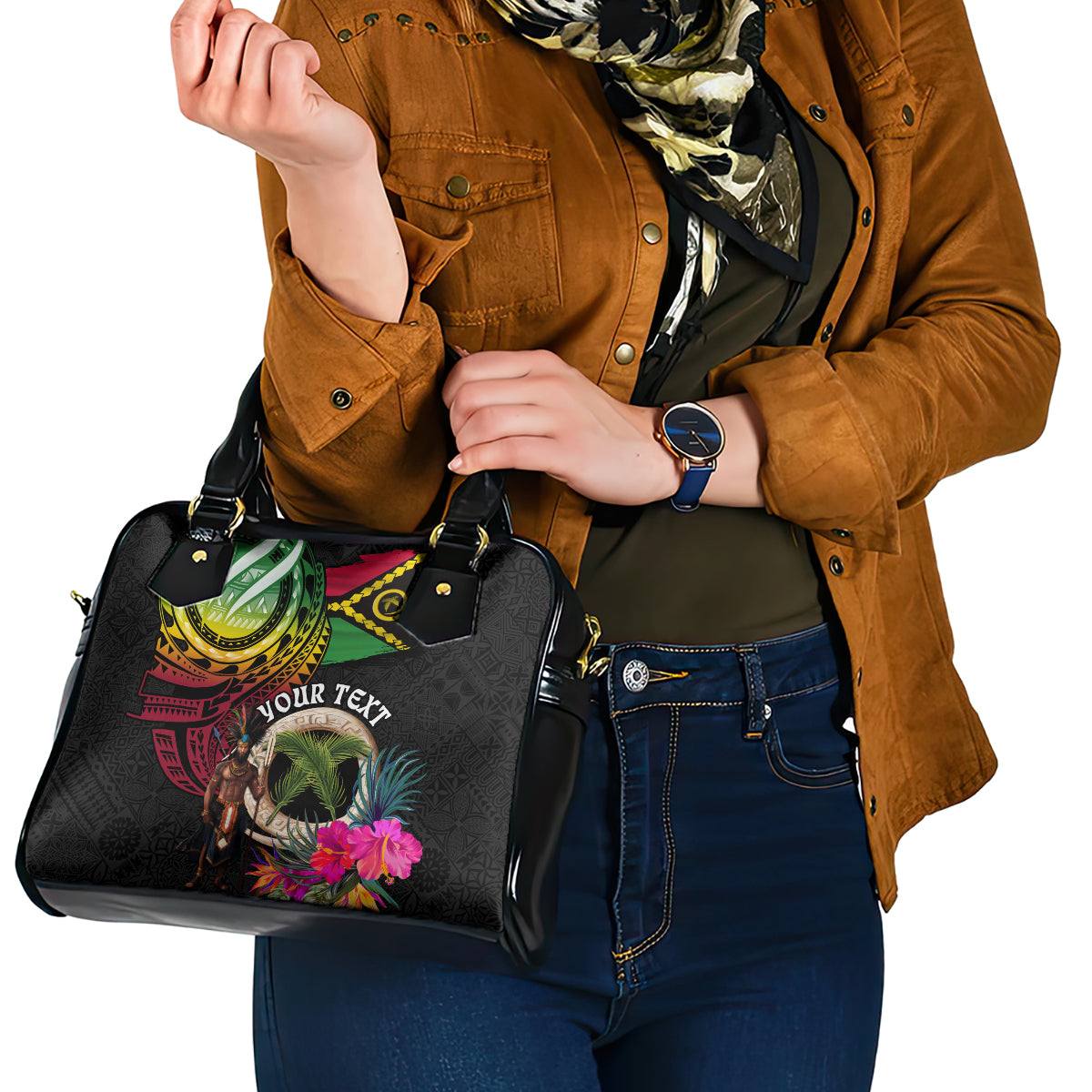 Personalised Vanuatu 44th Anniversary Shoulder Handbag Boars Tusk and Melanesian Warrior Indipendens Dei