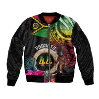 Personalised Vanuatu 44th Anniversary Sleeve Zip Bomber Jacket Boars Tusk and Melanesian Warrior Indipendens Dei