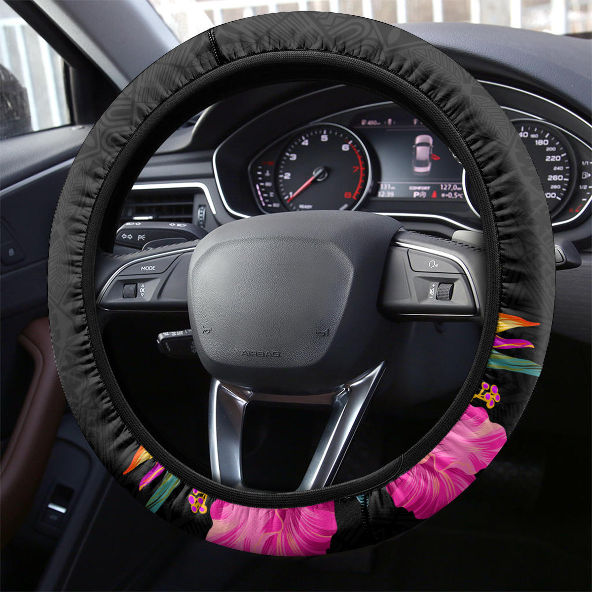 Vanuatu 44th Anniversary Steering Wheel Cover Boars Tusk and Melanesian Warrior Indipendens Dei