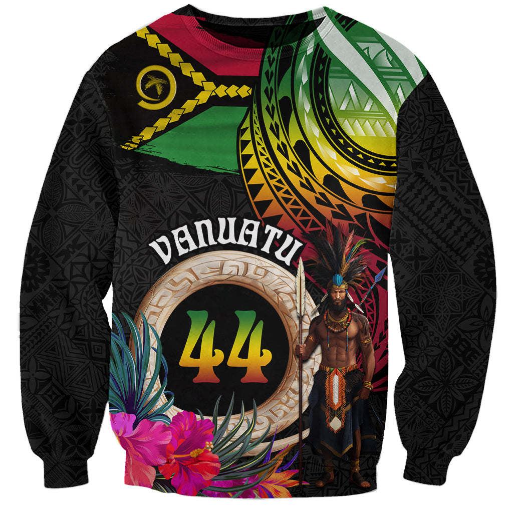 Personalised Vanuatu 44th Anniversary Sweatshirt Boars Tusk and Melanesian Warrior Indipendens Dei