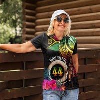 Personalised Vanuatu 44th Anniversary Women Polo Shirt Boars Tusk and Melanesian Warrior Indipendens Dei