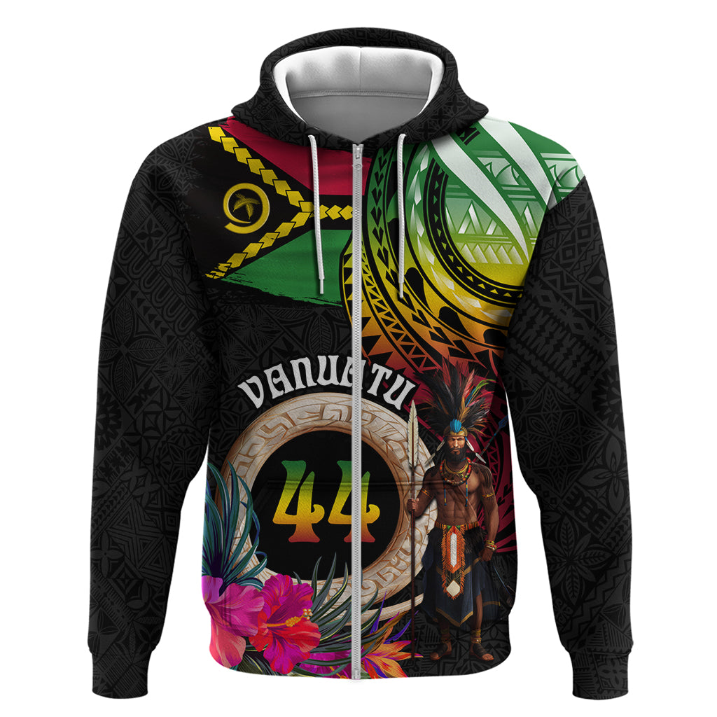Personalised Vanuatu 44th Anniversary Zip Hoodie Boars Tusk and Melanesian Warrior Indipendens Dei