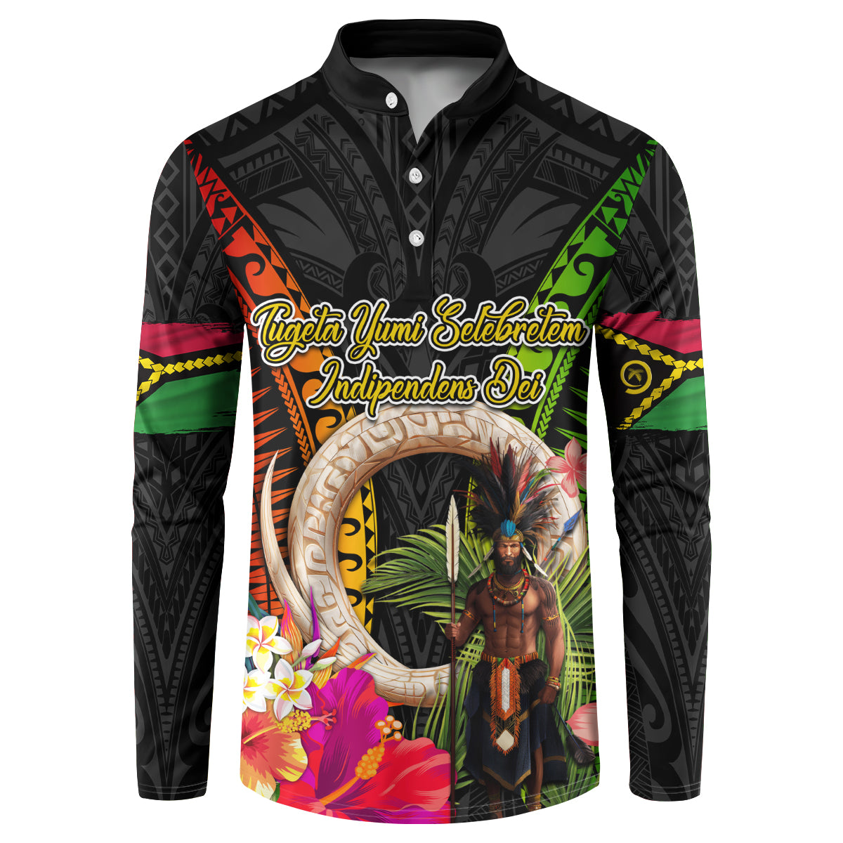 Vanuatu Independence Day Button Sweatshirt Boars Tusk and Melanesian Warrior Indipendens Dei