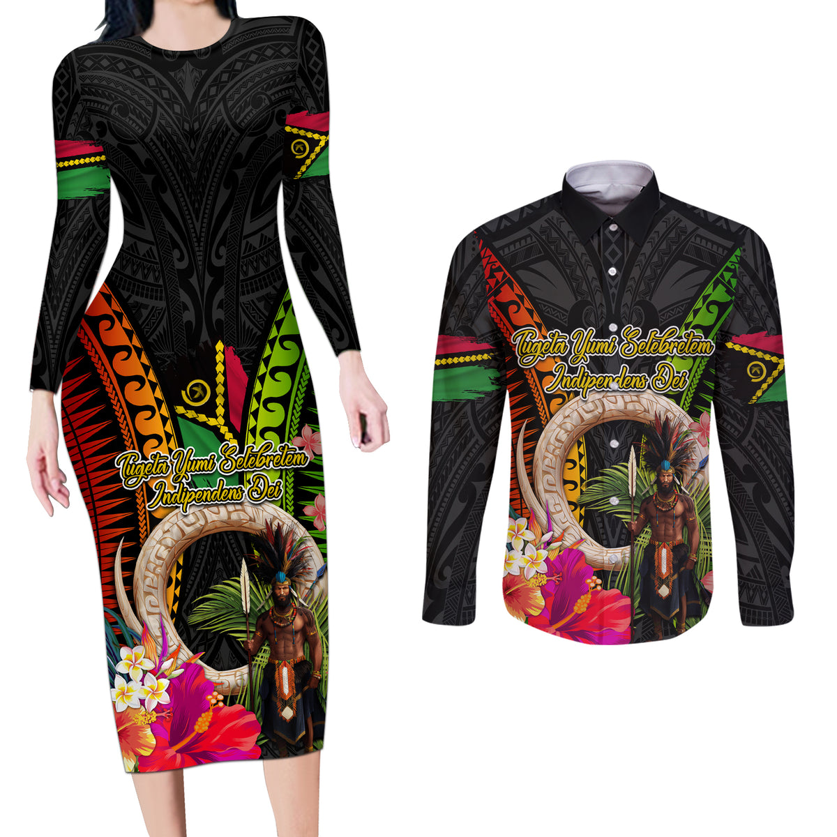 Vanuatu Independence Day Couples Matching Long Sleeve Bodycon Dress and Long Sleeve Button Shirt Boars Tusk and Melanesian Warrior Indipendens Dei
