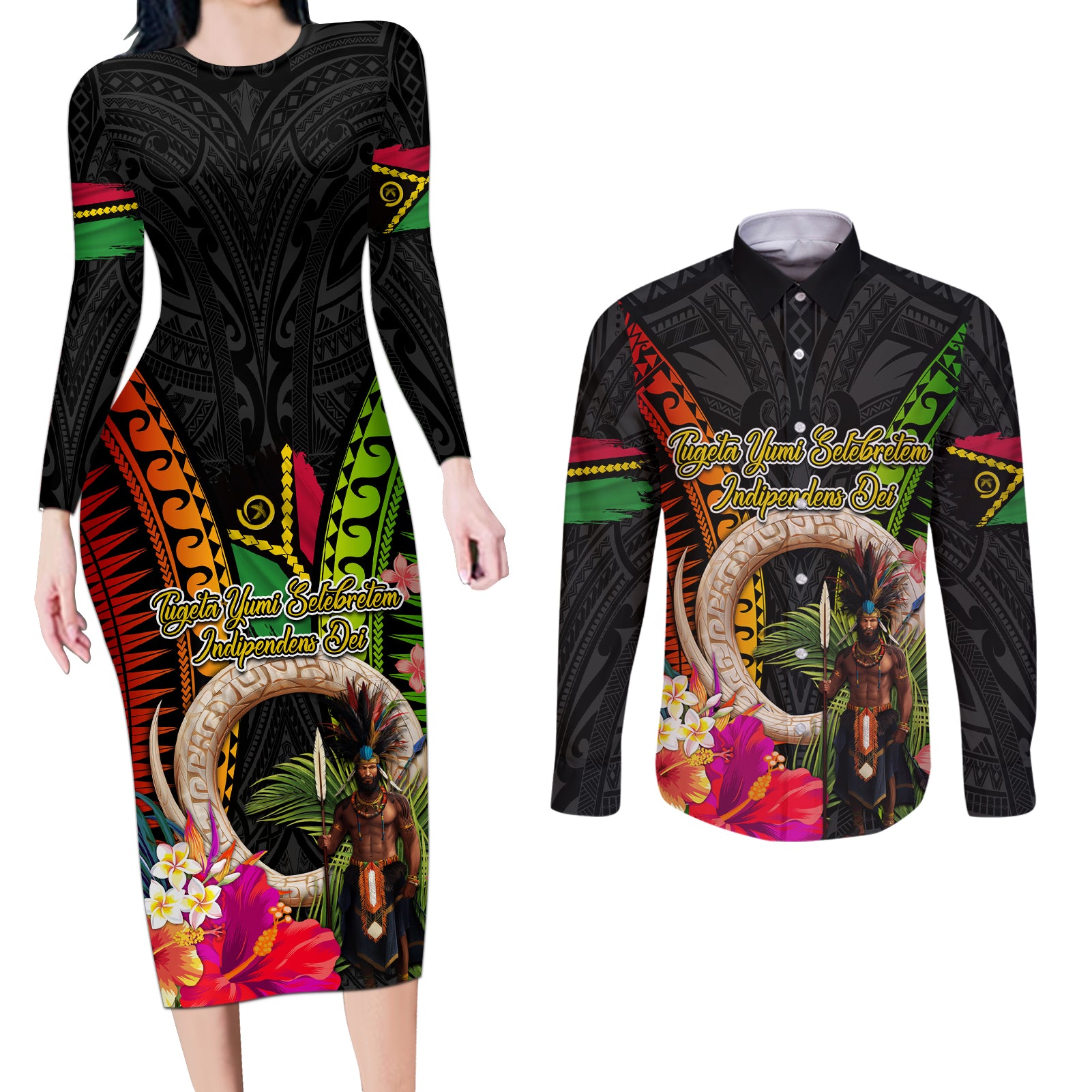 Vanuatu Independence Day Couples Matching Long Sleeve Bodycon Dress and Long Sleeve Button Shirt Boars Tusk and Melanesian Warrior Indipendens Dei