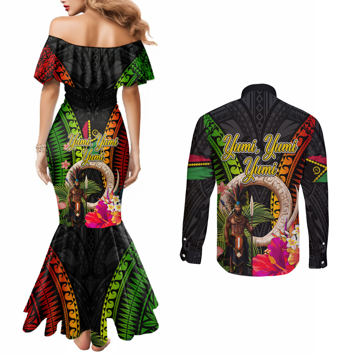 Vanuatu Independence Day Couples Matching Mermaid Dress and Long Sleeve Button Shirt Boars Tusk and Melanesian Warrior Indipendens Dei