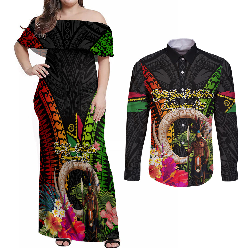Vanuatu Independence Day Couples Matching Off Shoulder Maxi Dress and Long Sleeve Button Shirt Boars Tusk and Melanesian Warrior Indipendens Dei