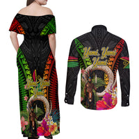 Vanuatu Independence Day Couples Matching Off Shoulder Maxi Dress and Long Sleeve Button Shirt Boars Tusk and Melanesian Warrior Indipendens Dei
