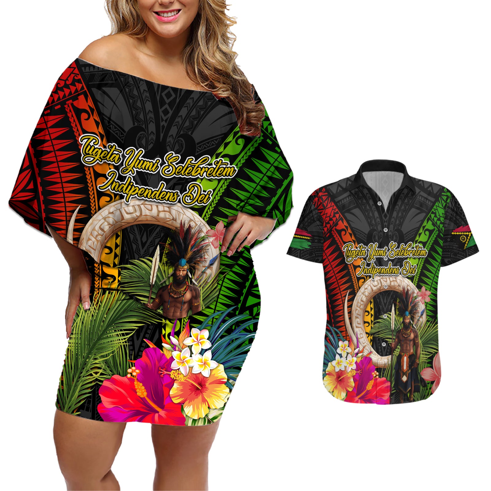 Vanuatu Independence Day Couples Matching Off Shoulder Short Dress and Hawaiian Shirt Boars Tusk and Melanesian Warrior Indipendens Dei