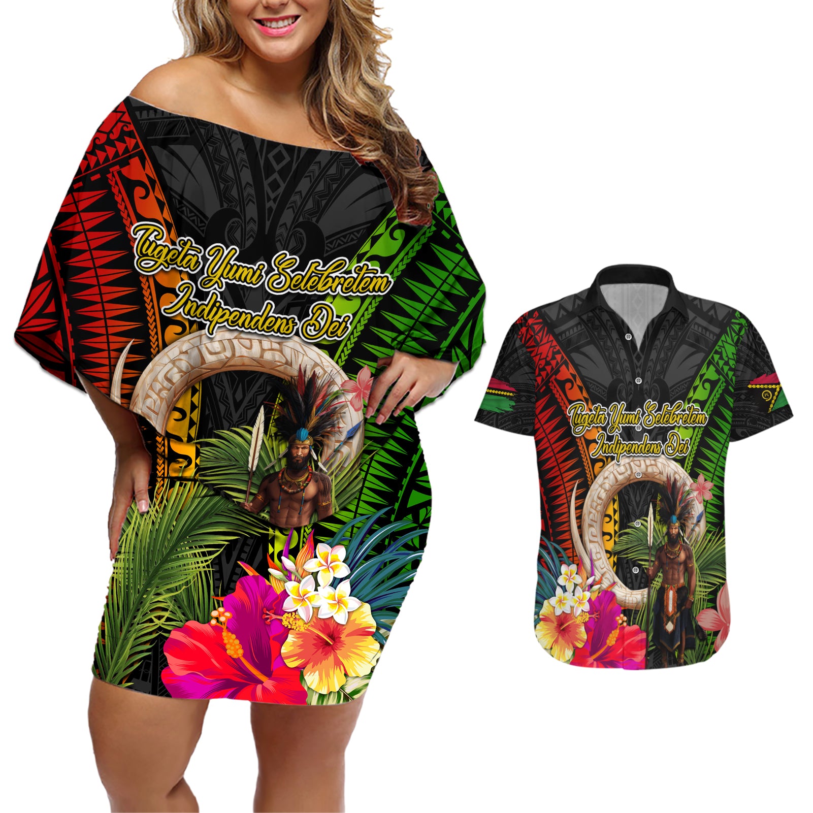 Vanuatu Independence Day Couples Matching Off Shoulder Short Dress and Hawaiian Shirt Boars Tusk and Melanesian Warrior Indipendens Dei